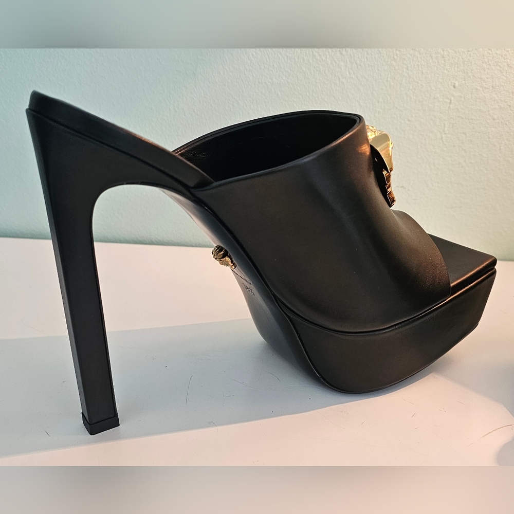 Versace La Medusa Gold 140MM Leather Platform Mules/Sandal Black Size 38/5 - Picture 8 of 16